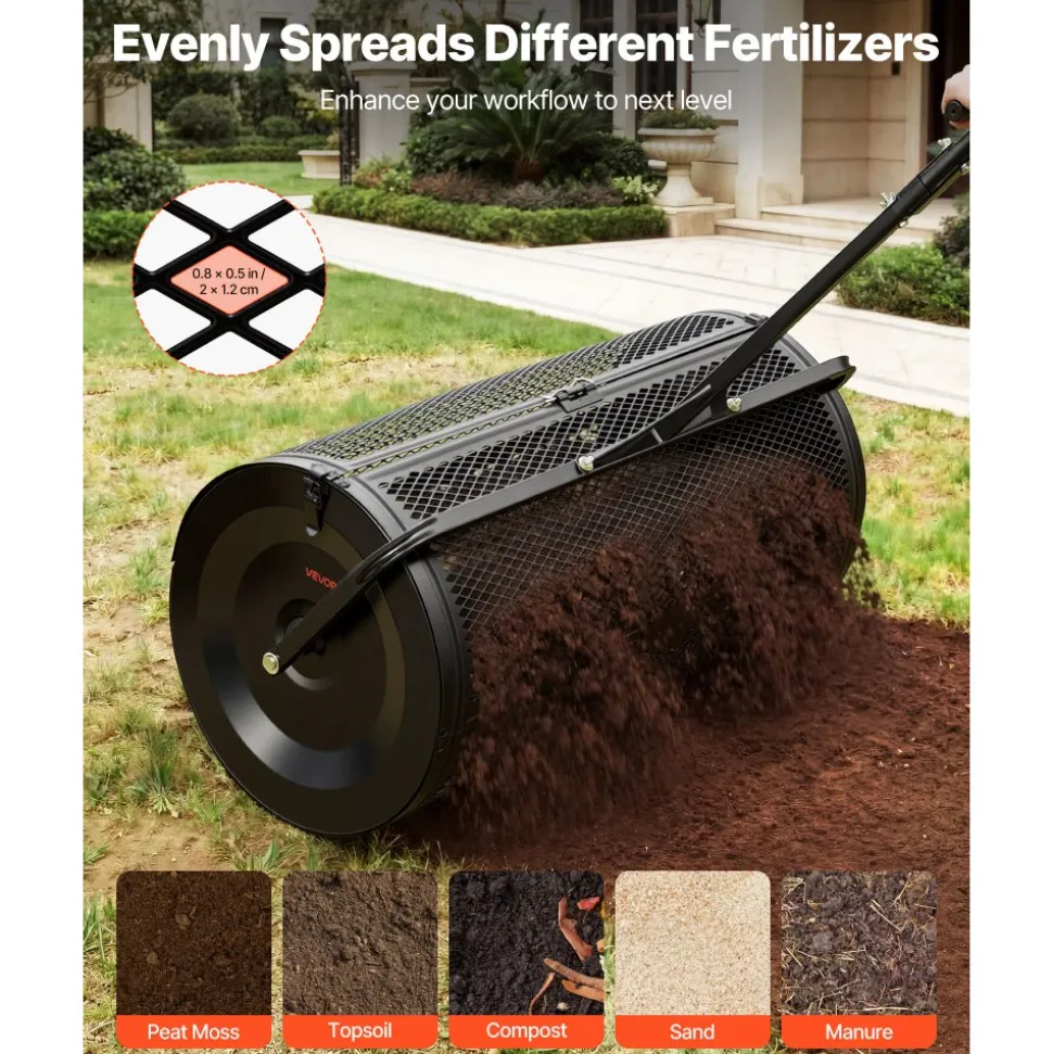 VEVOR Compost Spreader, 24" Wide Peat Moss Spreader with Push/Tow Handle & Brush, 4 Heights Adjustable, Powder-Coated Steel Garden Peat Moss Roller, Heavy Duty Grass Seed Roller for Planting Seeding