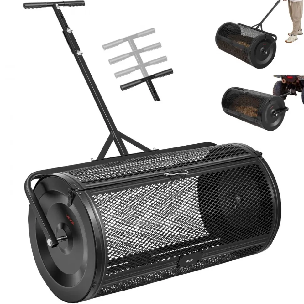 VEVOR Compost Spreader, 24" Wide Peat Moss Spreader with Push/Tow Handle & Brush, 4 Heights Adjustable, Powder-Coated Steel Garden Peat Moss Roller, Heavy Duty Grass Seed Roller for Planting Seeding