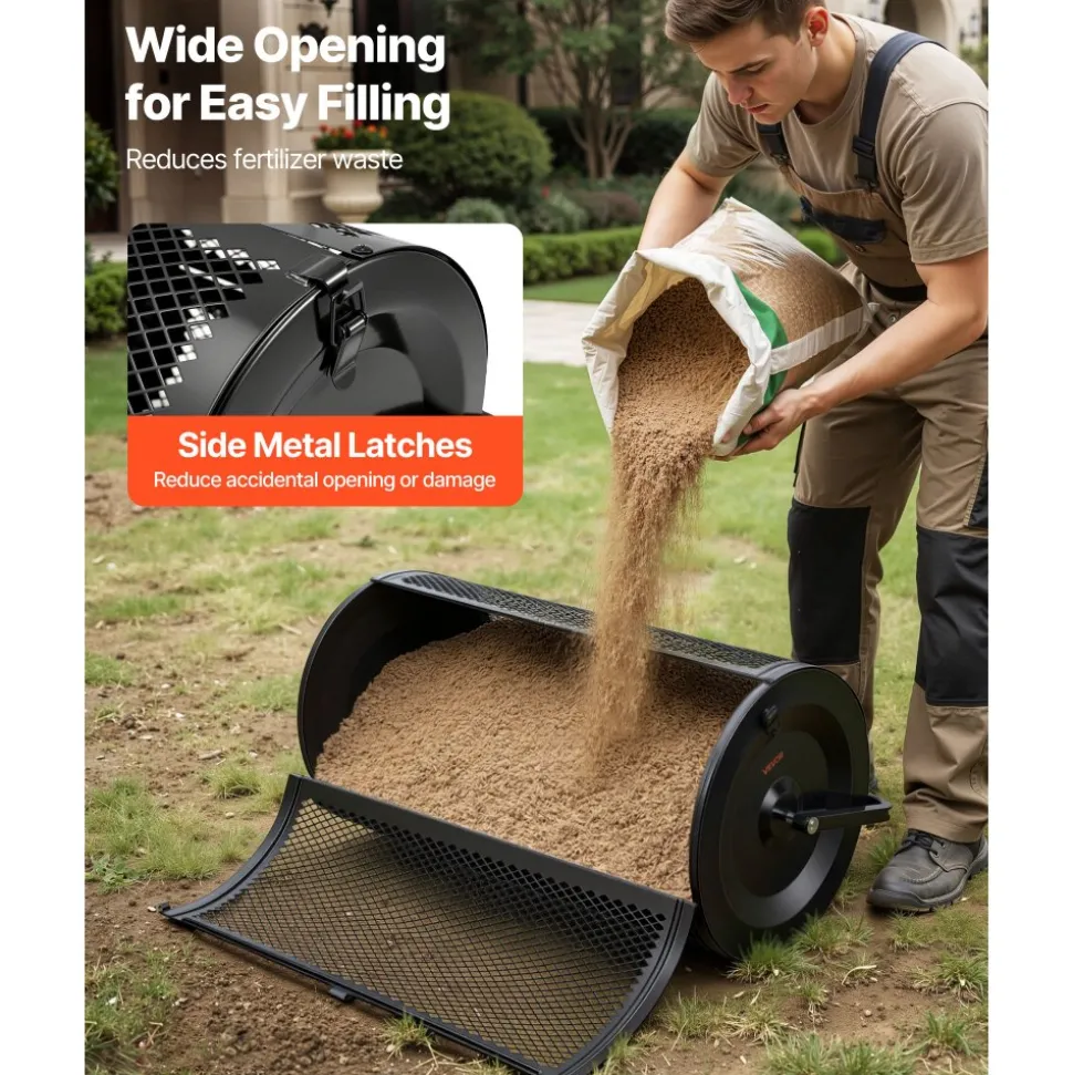VEVOR Compost Spreader, 24" Wide Peat Moss Spreader with Push/Tow Handle & Brush, 4 Heights Adjustable, Powder-Coated Steel Garden Peat Moss Roller, Heavy Duty Grass Seed Roller for Planting Seeding