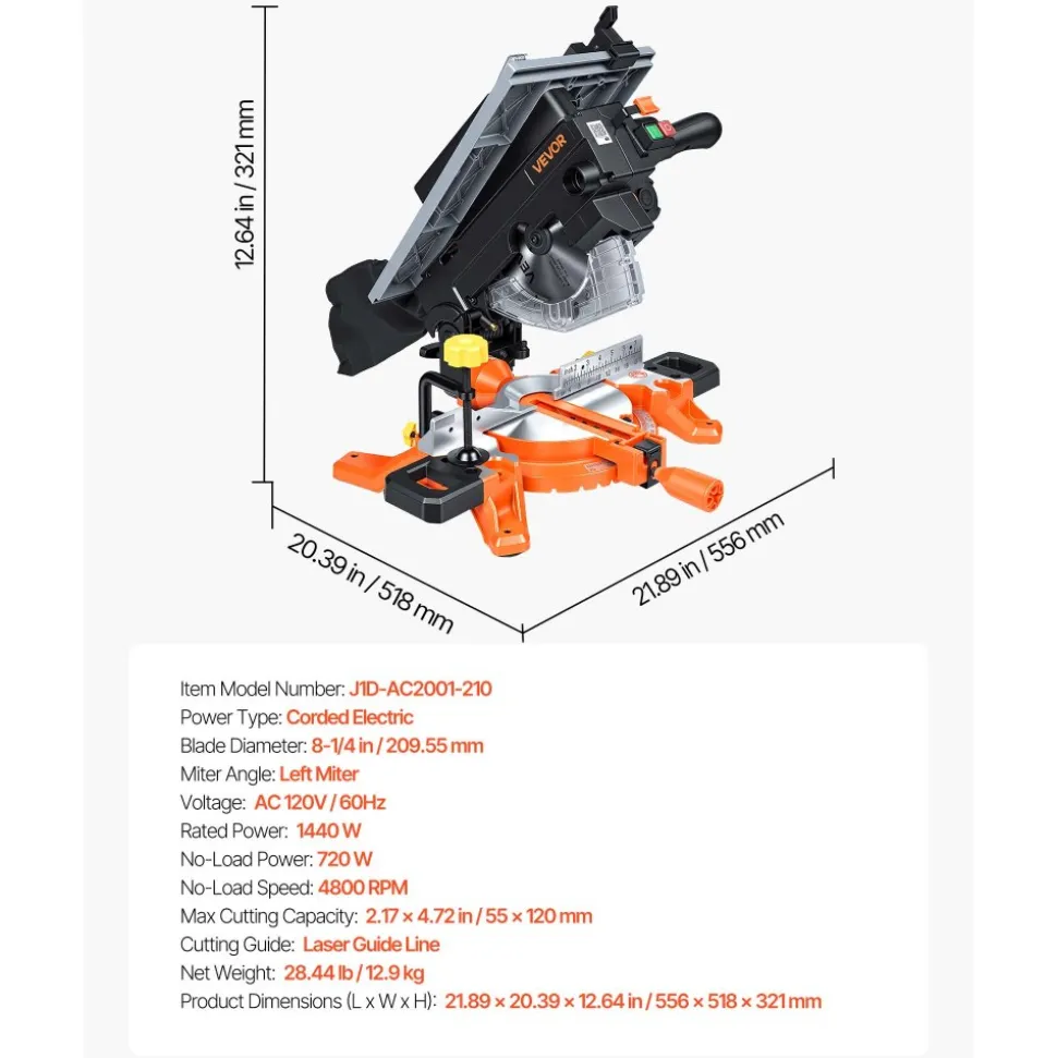 VEVOR Compound Miter Saw, 8-1/4 inch Blade, 2-in-1 Miter/Table Saw, with Precision Laser Alignment, Adjustable Angles, 4800 RPM, with Splash Guard, for Cutting Wood, Metals, Laminates, and Plastic