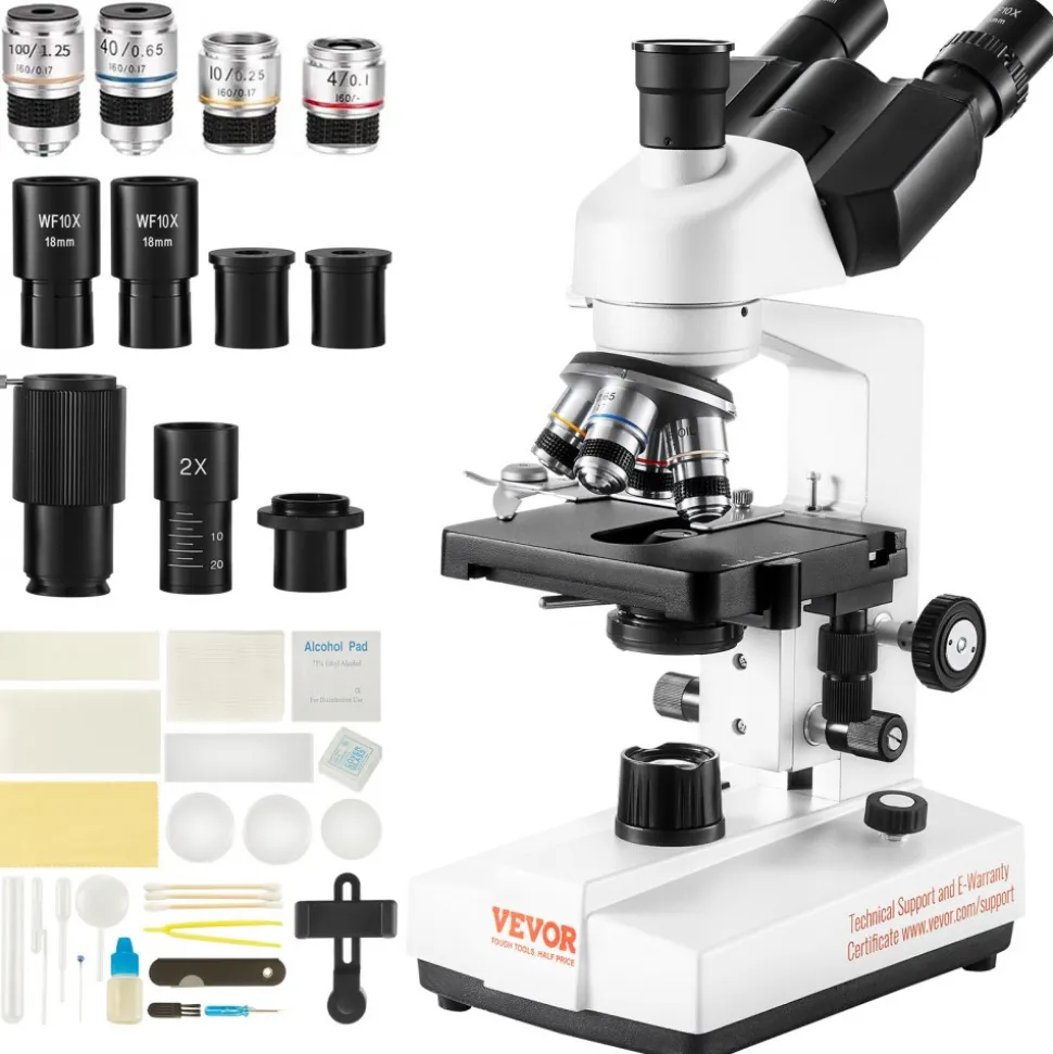 VEVOR Compound Trinocular Microscope, 40X-5000X Magnification Trinocular Compound Lab Microscope with Two-Layer Mechanical Stage, External Interface, LED Illumination and Microscope Slides Included