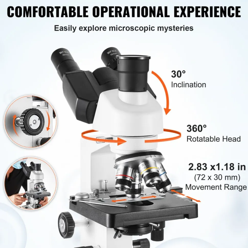 VEVOR Compound Trinocular Microscope, 40X-5000X Magnification Trinocular Compound Lab Microscope with Two-Layer Mechanical Stage, External Interface, LED Illumination and Microscope Slides Included