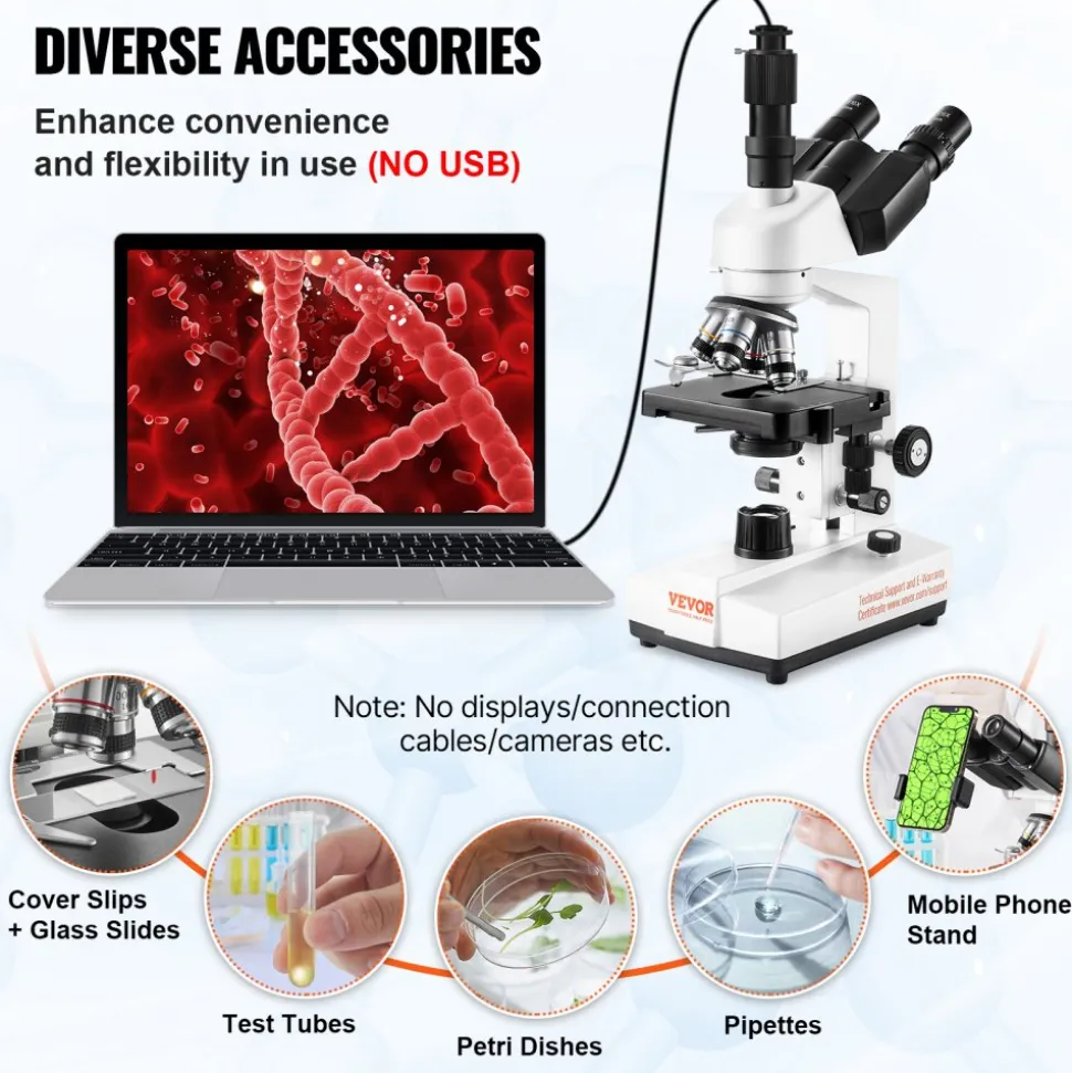VEVOR Compound Trinocular Microscope, 40X-5000X Magnification Trinocular Compound Lab Microscope with Two-Layer Mechanical Stage, External Interface, LED Illumination and Microscope Slides Included