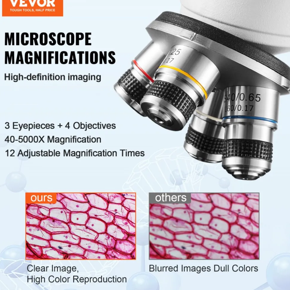 VEVOR Compound Trinocular Microscope, 40X-5000X Magnification Trinocular Compound Lab Microscope with Two-Layer Mechanical Stage, External Interface, LED Illumination and Microscope Slides Included