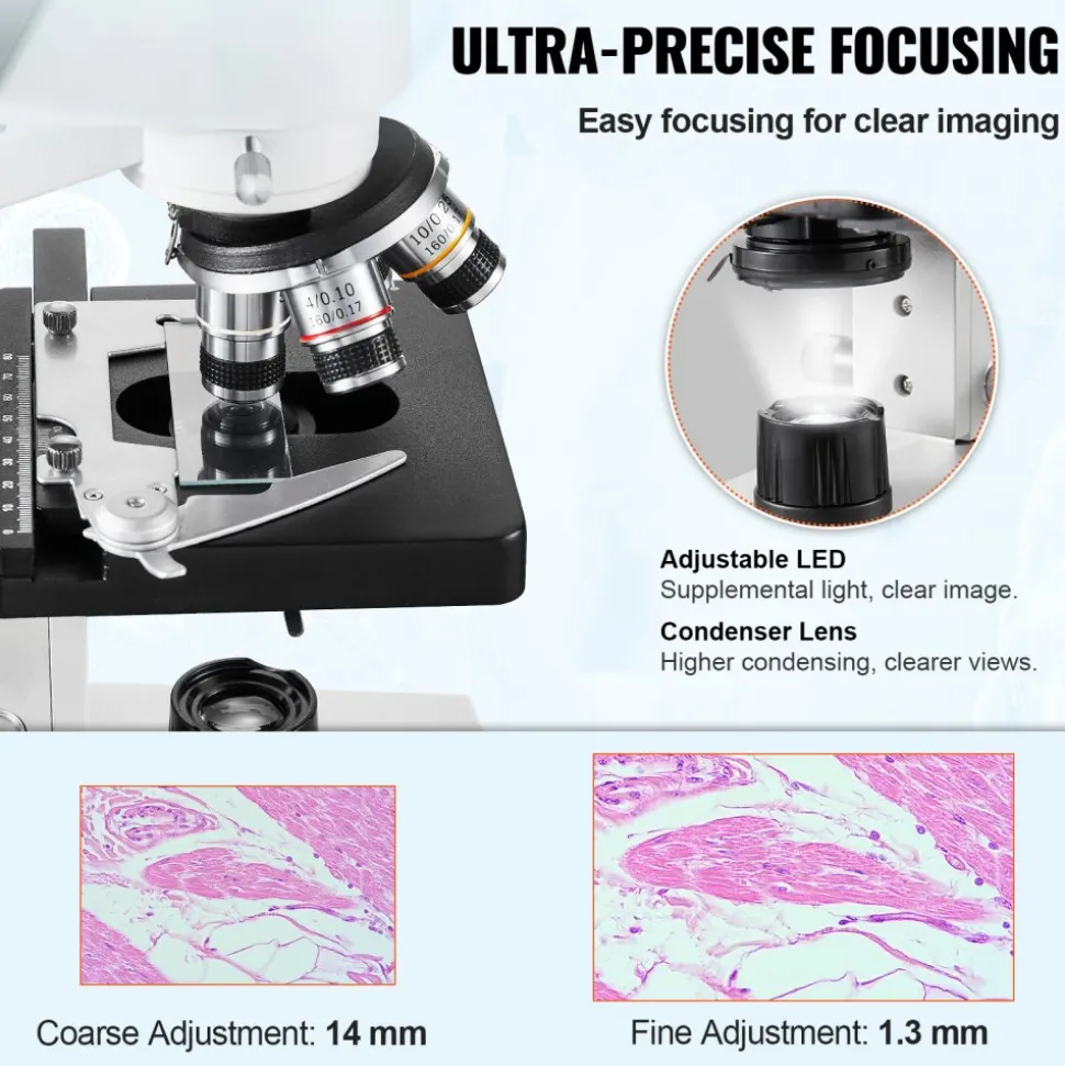 VEVOR Compound Trinocular Microscope, 40X-5000X Magnification Trinocular Compound Lab Microscope with Two-Layer Mechanical Stage, External Interface, LED Illumination and Microscope Slides Included