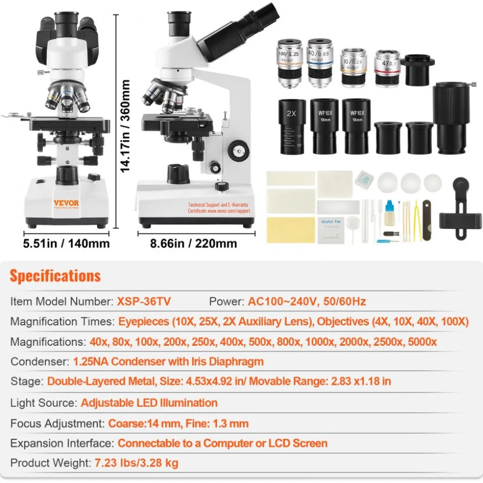 VEVOR Compound Trinocular Microscope, 40X-5000X Magnification Trinocular Compound Lab Microscope with Two-Layer Mechanical Stage, External Interface, LED Illumination and Microscope Slides Included