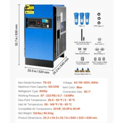 VEVOR Compressed Air Dryer, 125CFM Refrigerated Air Dryer, 110-120V Industrial Refrigerated Air-Drying System for 20HP, 25HP & 30HP Compressors - with Color Screen Control Panel and Automatic Drainage
