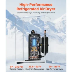 VEVOR Compressed Air Dryer, 125CFM Refrigerated Air Dryer, 110-120V Industrial Refrigerated Air-Drying System for 20HP, 25HP & 30HP Compressors - with Color Screen Control Panel and Automatic Drainage