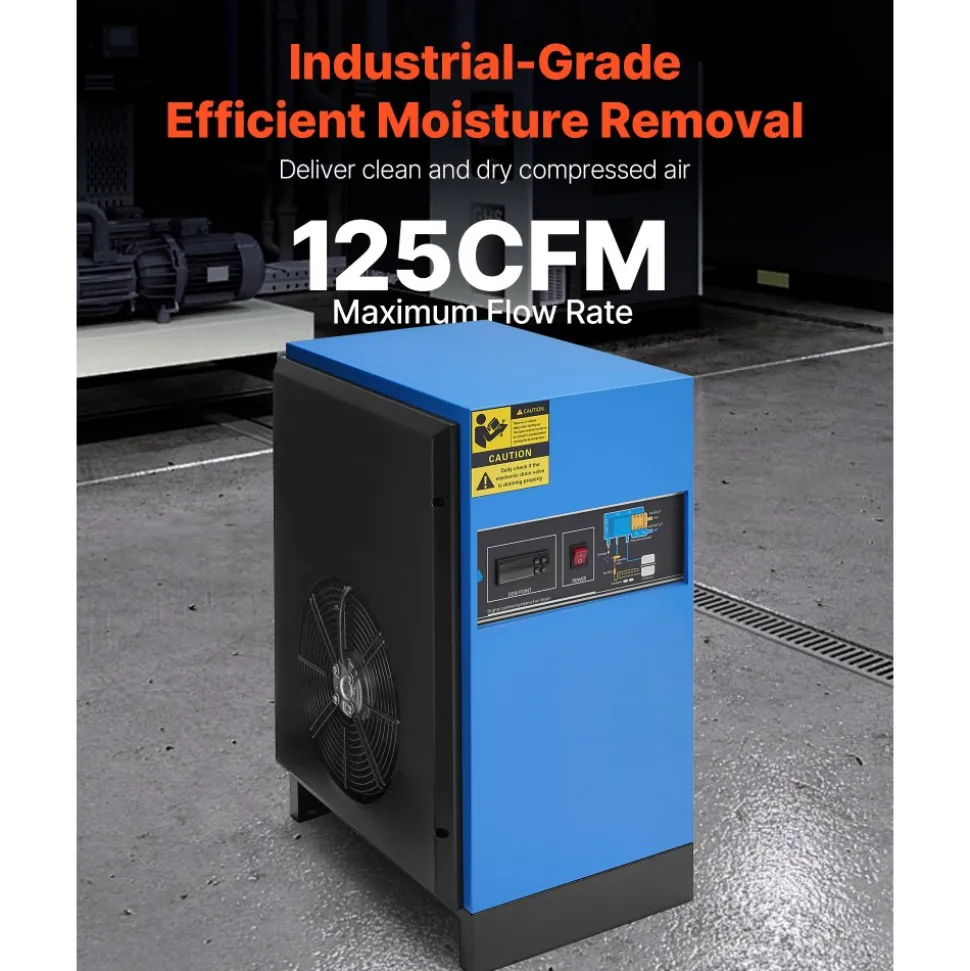 VEVOR Compressed Air Dryer, 125CFM Refrigerated Air Dryer, 110-120V Industrial Refrigerated Air-Drying System for 20HP, 25HP & 30HP Compressors - with Color Screen Control Panel and Automatic Drainage