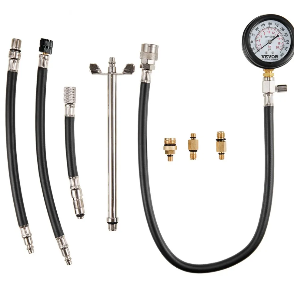 VEVOR Compression Tester Adapter Kit, 9 Pcs Automotive Engine Cylinder Leak Down Compression Test, Accurate Dual Scale Pressure Gauge 0-300 psi, with Long Reach Hoses and Case for Engine Cylinders