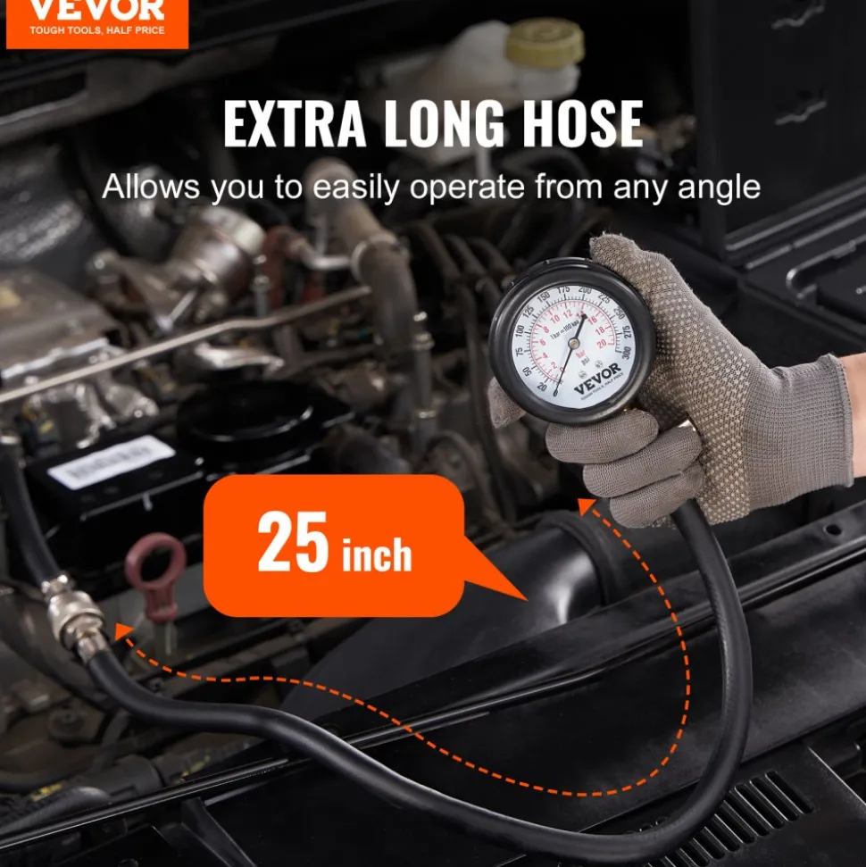 VEVOR Compression Tester Adapter Kit, 9 Pcs Automotive Engine Cylinder Leak Down Compression Test, Accurate Dual Scale Pressure Gauge 0-300 psi, with Long Reach Hoses and Case for Engine Cylinders