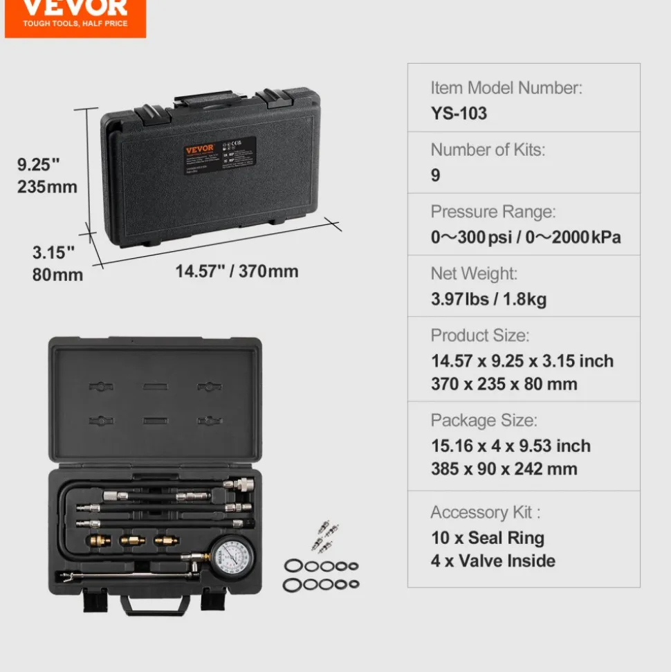 VEVOR Compression Tester Adapter Kit, 9 Pcs Automotive Engine Cylinder Leak Down Compression Test, Accurate Dual Scale Pressure Gauge 0-300 psi, with Long Reach Hoses and Case for Engine Cylinders