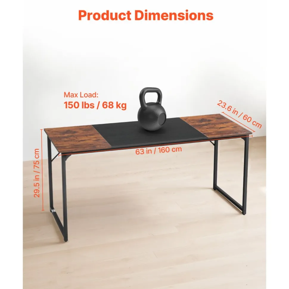 VEVOR Computer Desk, 63 Inch Office Gaming Desk for Home Office, Writing Study Work Modern Simple Table with Metal Frame for Large Legroom, Rustic Brown and Black