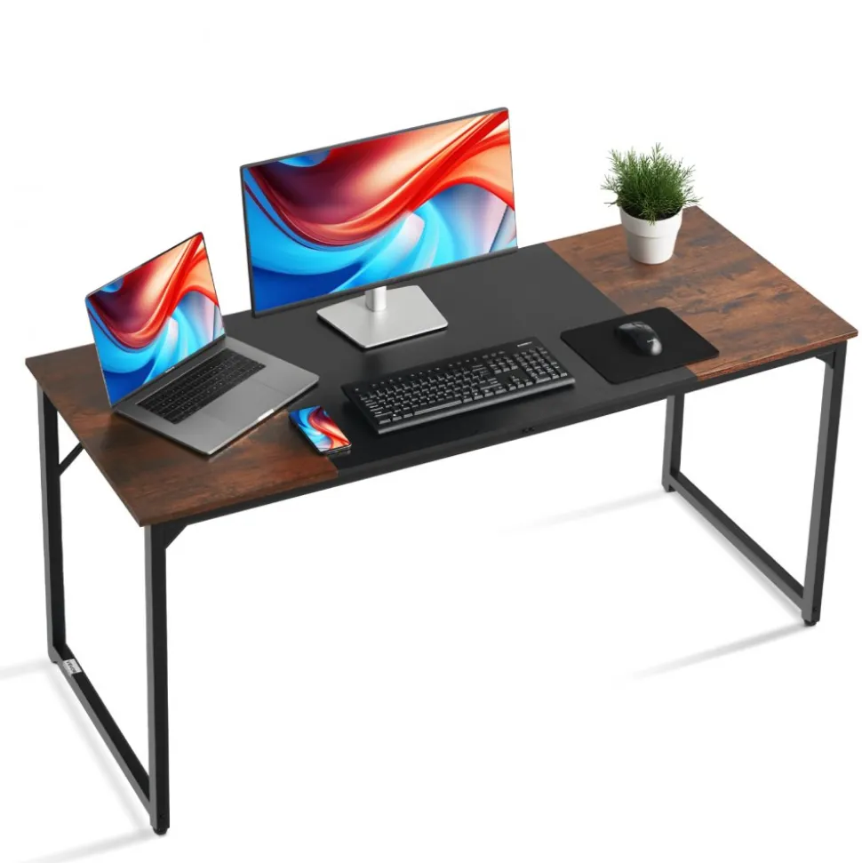VEVOR Computer Desk, 63 Inch Office Gaming Desk for Home Office, Writing Study Work Modern Simple Table with Metal Frame for Large Legroom, Rustic Brown and Black
