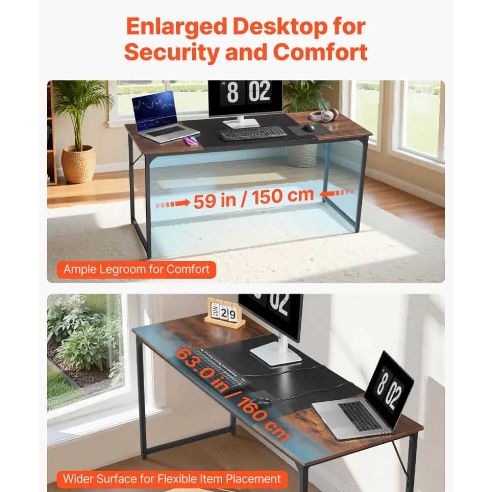 VEVOR Computer Desk, 63 Inch Office Gaming Desk for Home Office, Writing Study Work Modern Simple Table with Metal Frame for Large Legroom, Rustic Brown and Black