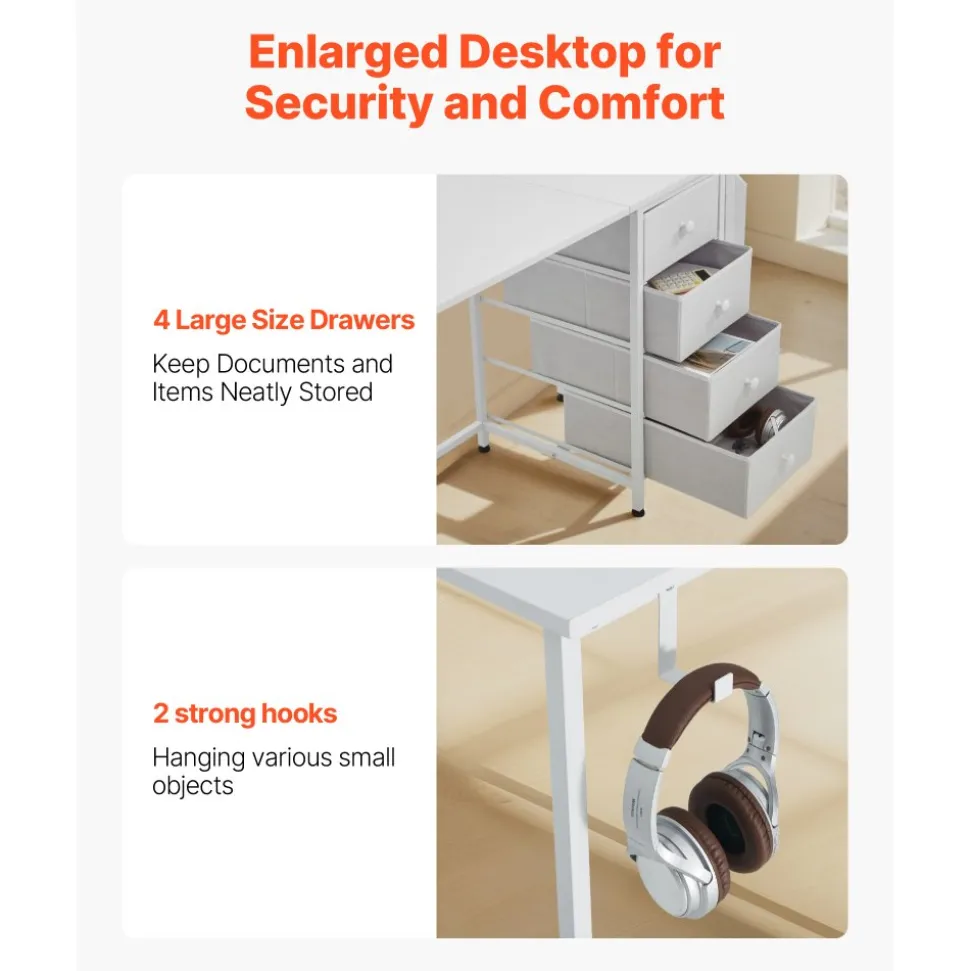 VEVOR Computer Desk with Fabric Drawers, 47 Inch Reversible Study Work Writing Desk for Modern Home Office Bedroom, Simple Modern Cute PC Table Metal Frame Business Furniture, White