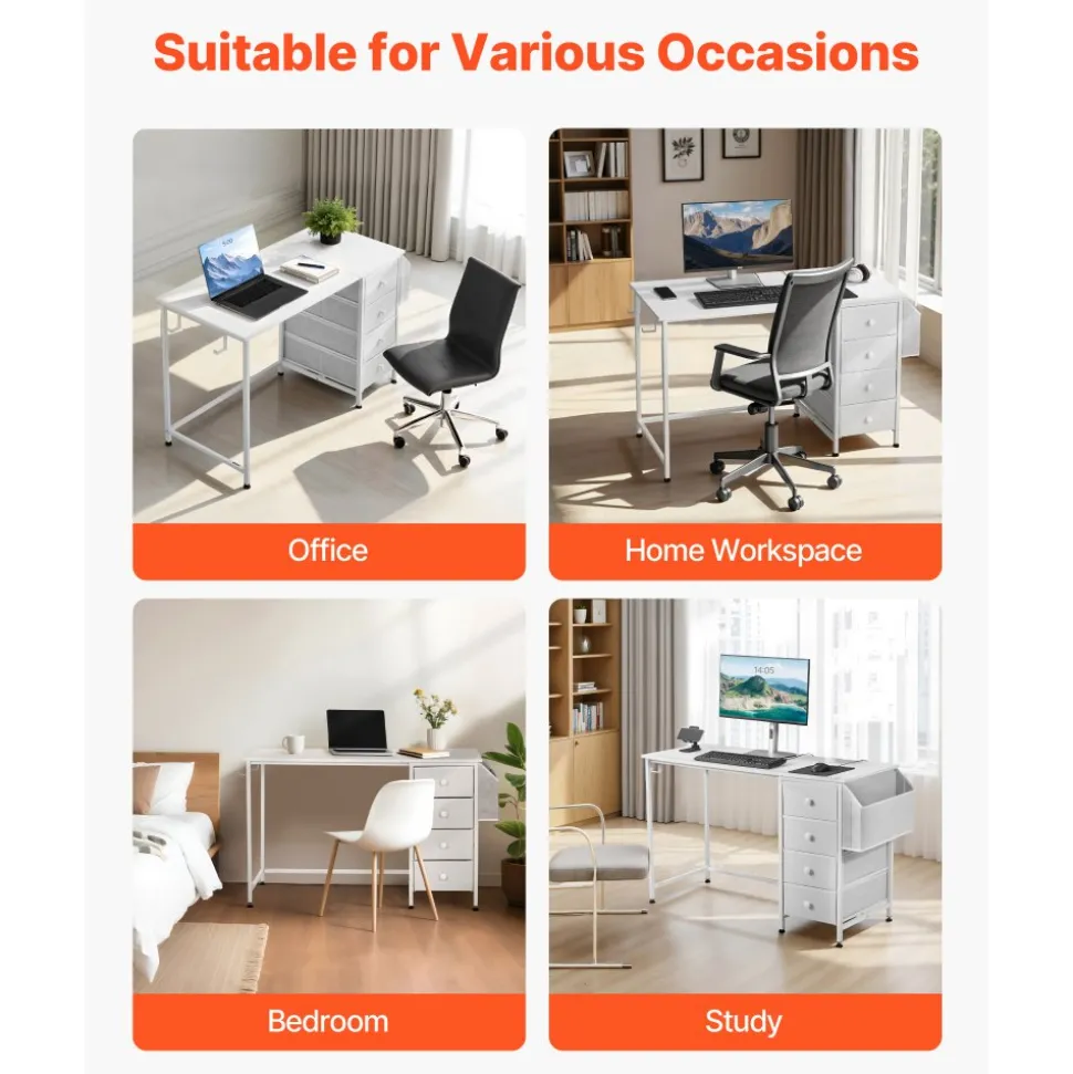 VEVOR Computer Desk with Fabric Drawers, 47 Inch Reversible Study Work Writing Desk for Modern Home Office Bedroom, Simple Modern Cute PC Table Metal Frame Business Furniture, White