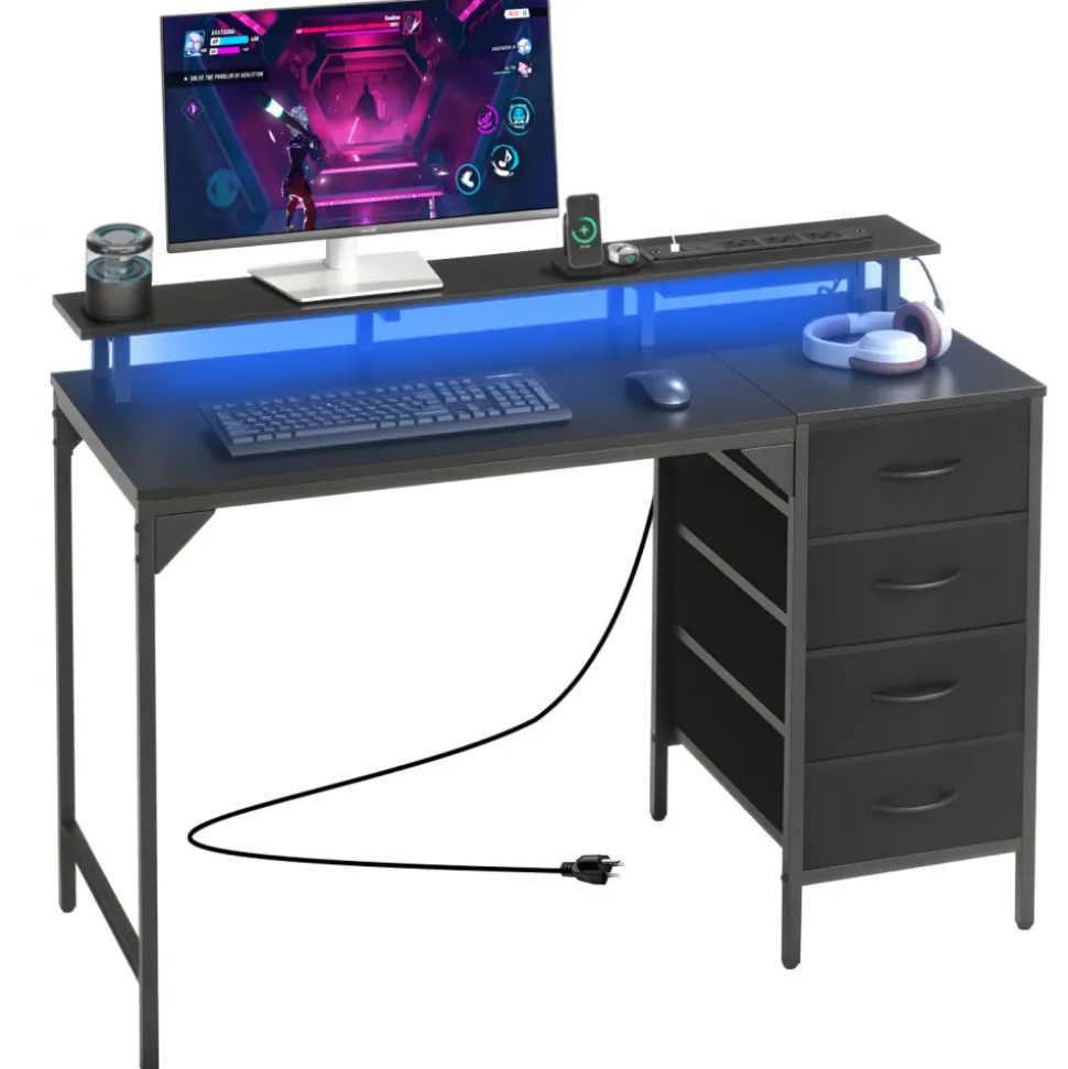 VEVOR 47" Computer Desk with LED Lights & Power Outlets, Gaming Table with 4 Large Drawers, Office Desk with Monitor Stand, Study Work Home Office, Small Spaces, Black