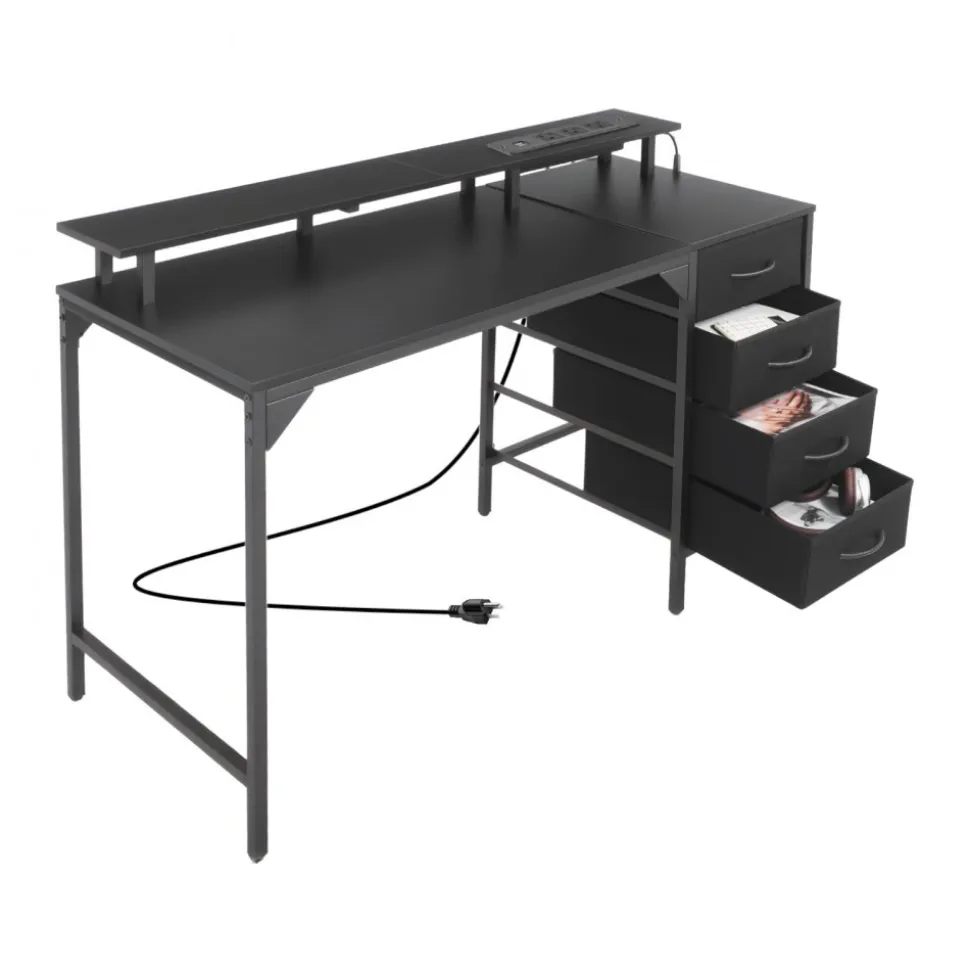 VEVOR 47" Computer Desk with LED Lights & Power Outlets, Gaming Table with 4 Large Drawers, Office Desk with Monitor Stand, Study Work Home Office, Small Spaces, Black