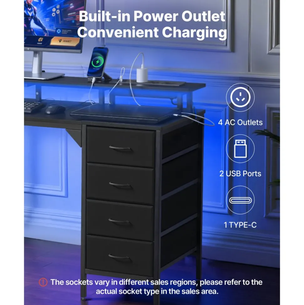 VEVOR 47" Computer Desk with LED Lights & Power Outlets, Gaming Table with 4 Large Drawers, Office Desk with Monitor Stand, Study Work Home Office, Small Spaces, Black