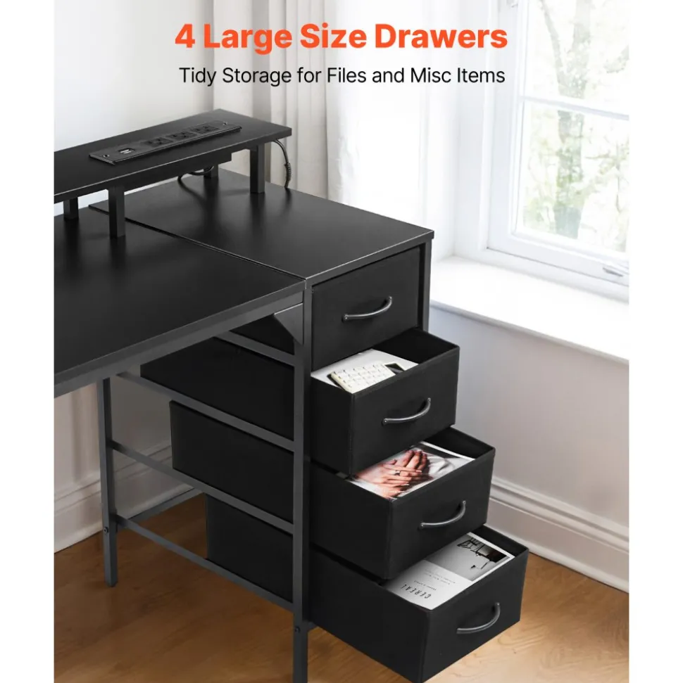 VEVOR 47" Computer Desk with LED Lights & Power Outlets, Gaming Table with 4 Large Drawers, Office Desk with Monitor Stand, Study Work Home Office, Small Spaces, Black