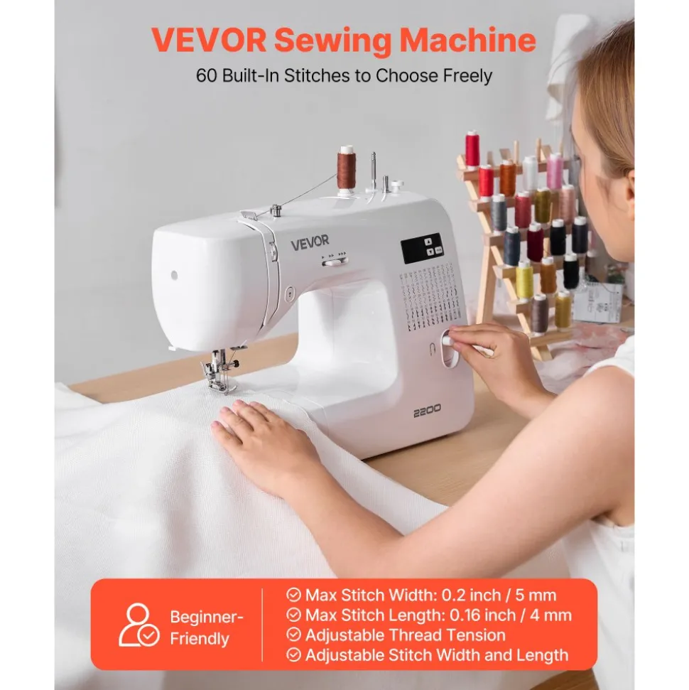 VEVOR Computerized Sewing Machine, 60 Stitch Applications, with LED Screen, Foot Pedal and LED Light, Heavy-Duty Metal Frame, Digital Sewing Machine with Powerful Motor for Crafts and Mending