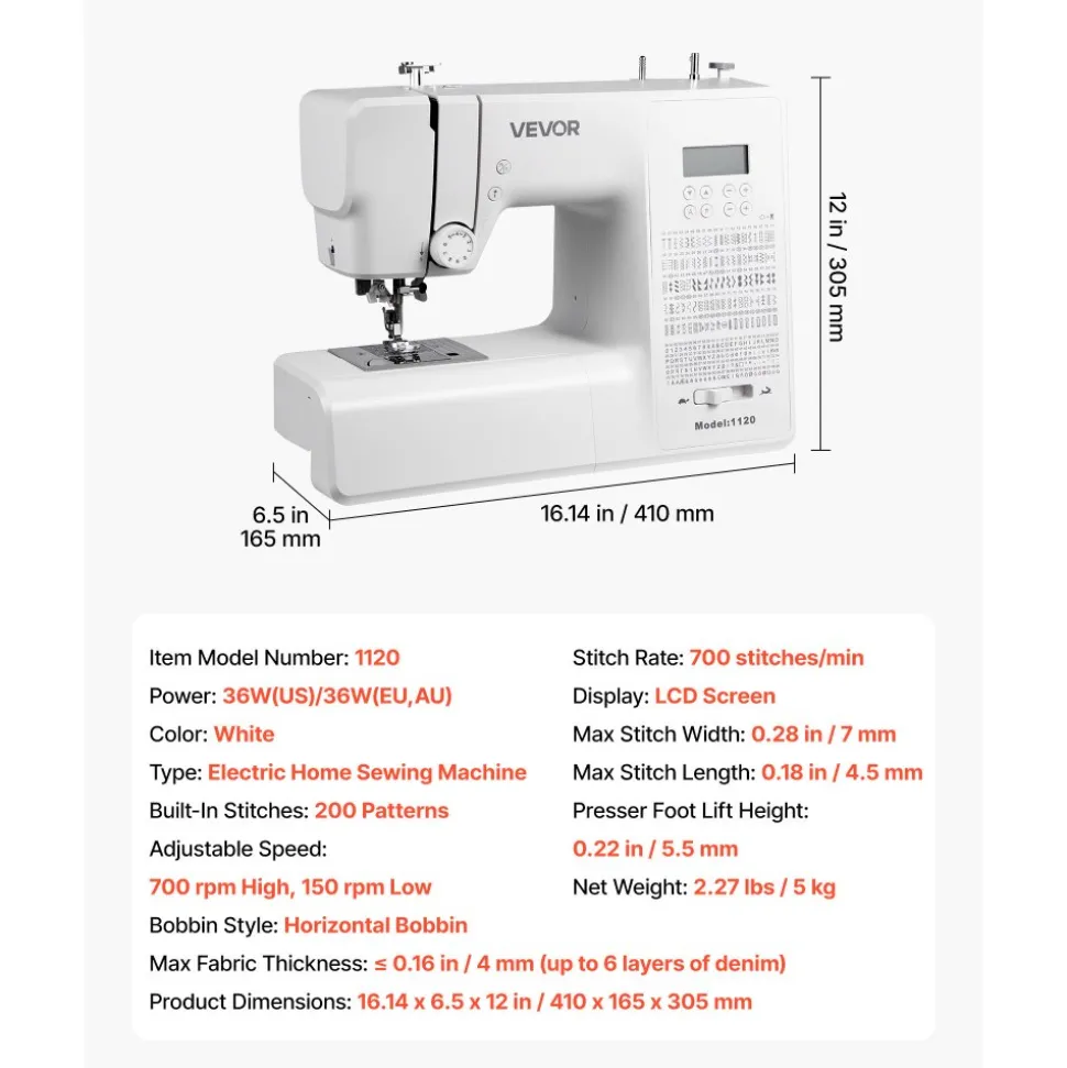 VEVOR Computerized Sewing Machine, 200 Stitch Applications, with LCD Screen, Foot Pedal and LED Light, Heavy-Duty Metal Frame, Digital Sewing Machine with Powerful Motor for Crafts and Mending