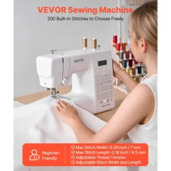 VEVOR Computerized Sewing Machine, 200 Stitch Applications, with LCD Screen, Foot Pedal and LED Light, Heavy-Duty Metal Frame, Digital Sewing Machine with Powerful Motor for Crafts and Mending