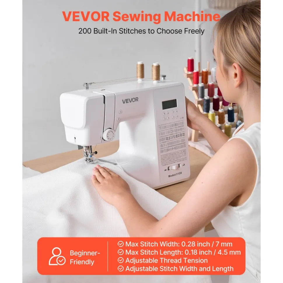 VEVOR Computerized Sewing Machine, 200 Stitch Applications, with LCD Screen, Foot Pedal and LED Light, Heavy-Duty Metal Frame, Digital Sewing Machine with Powerful Motor for Crafts and Mending