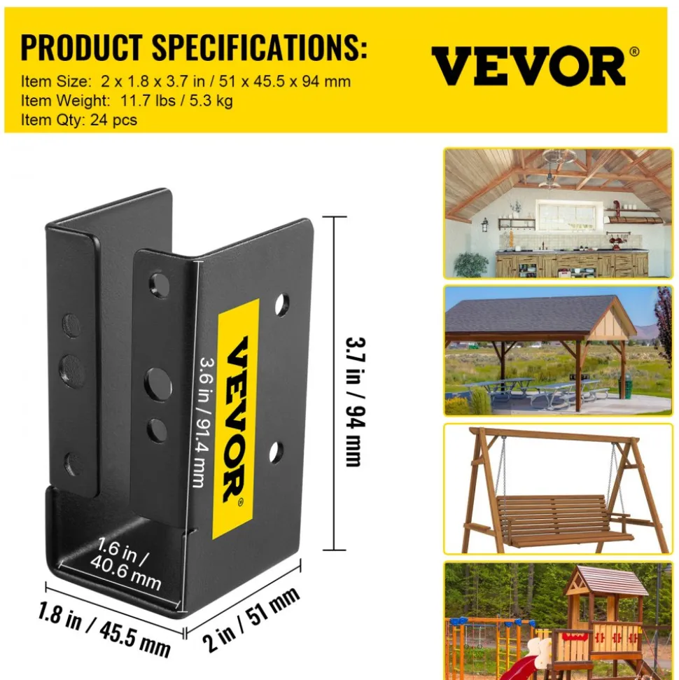 VEVOR Concealed Joist Hanger, 2"x4" Outdoor Accent Concealed-Flange, Pack of 24 Concealed Joist Bracket, Q235 Steel Plate Powder-Coated Concealed Face Mount Joist Hanger Inner 40x91 mm for Beam Swing