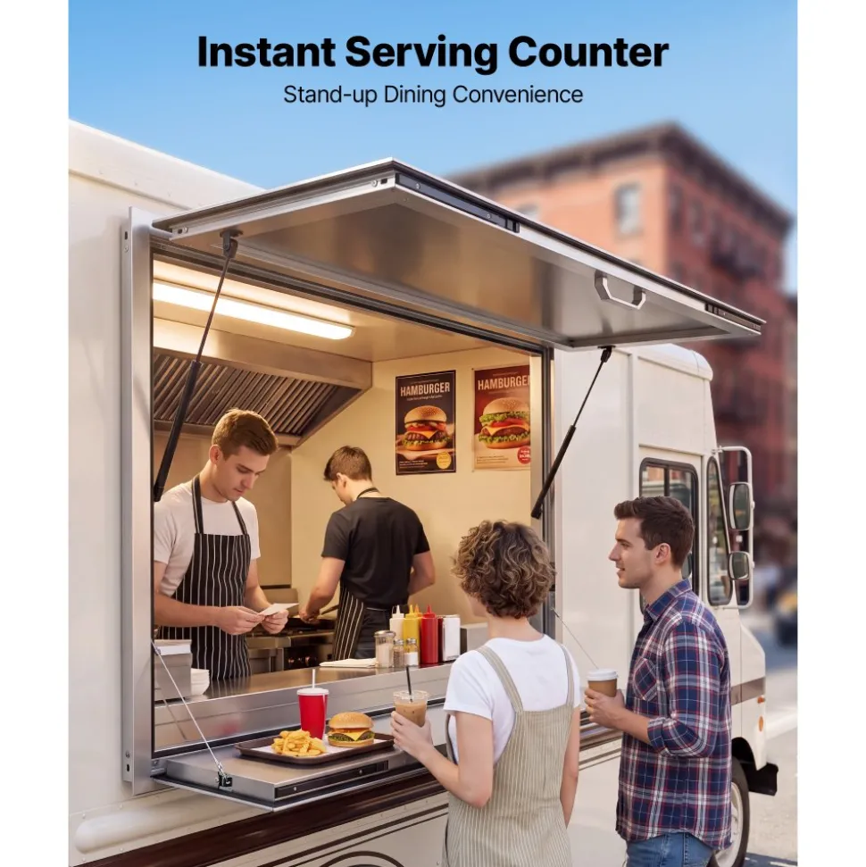 VEVOR Concession Window Folding Shelf 48x36in Aluminum Alloy Service Window, for Food Truck, Up to 85 Degrees, with Awning Door and Drag Hook, Rainwater Resistant