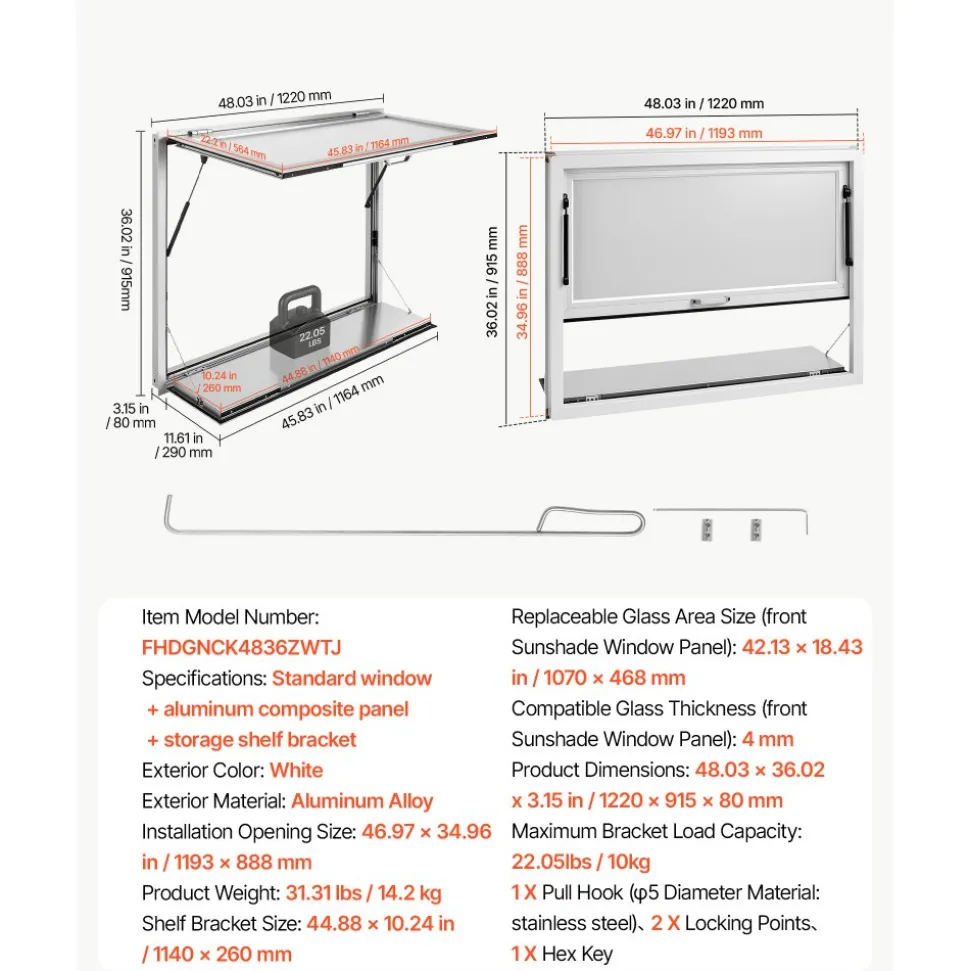 VEVOR Concession Window Folding Shelf 48x36in Aluminum Alloy Service Window, for Food Truck, Up to 85 Degrees, with Awning Door and Drag Hook, Rainwater Resistant