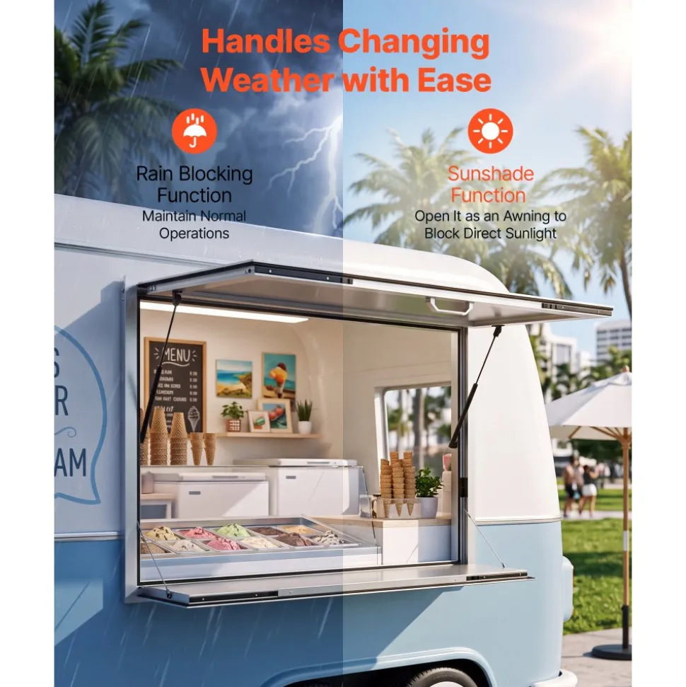 VEVOR Concession Window Folding Shelf 48x36in Aluminum Alloy Service Window, for Food Truck, Up to 85 Degrees, with Awning Door and Drag Hook, Rainwater Resistant