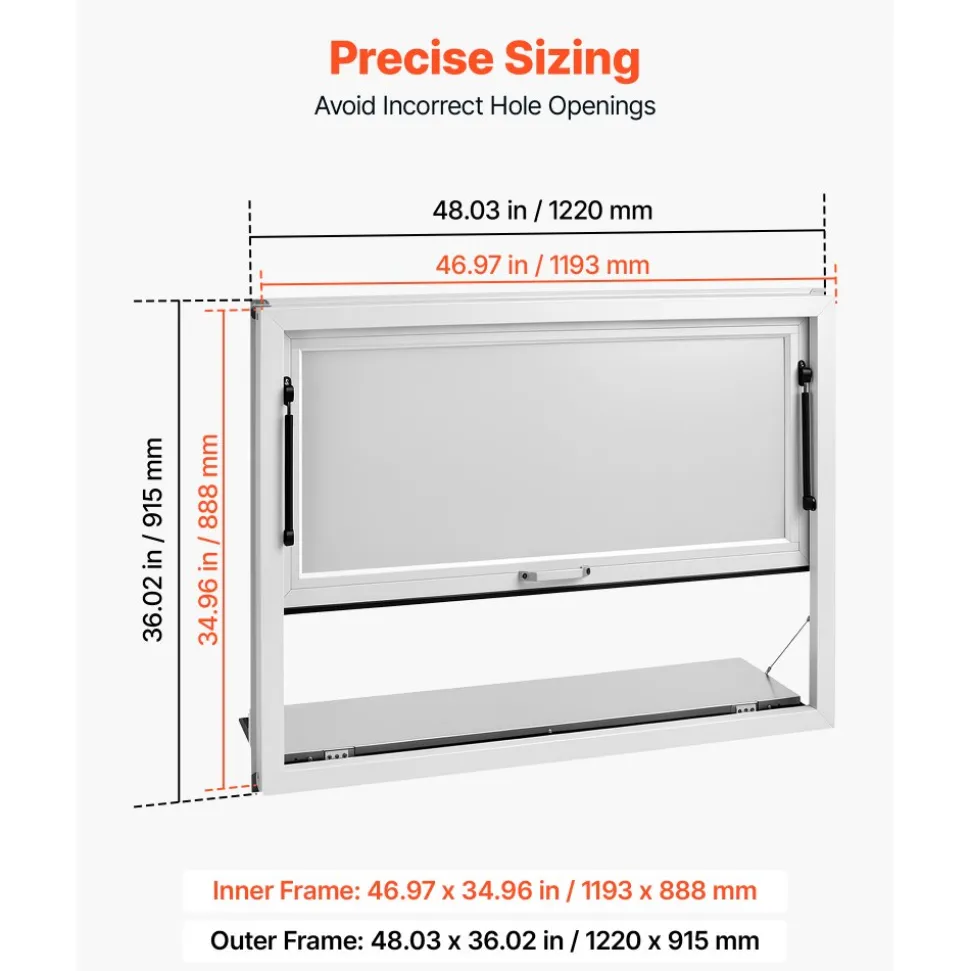 VEVOR Concession Window Folding Shelf 48x36in Aluminum Alloy Service Window, for Food Truck, Up to 85 Degrees, with Awning Door and Drag Hook, Rainwater Resistant