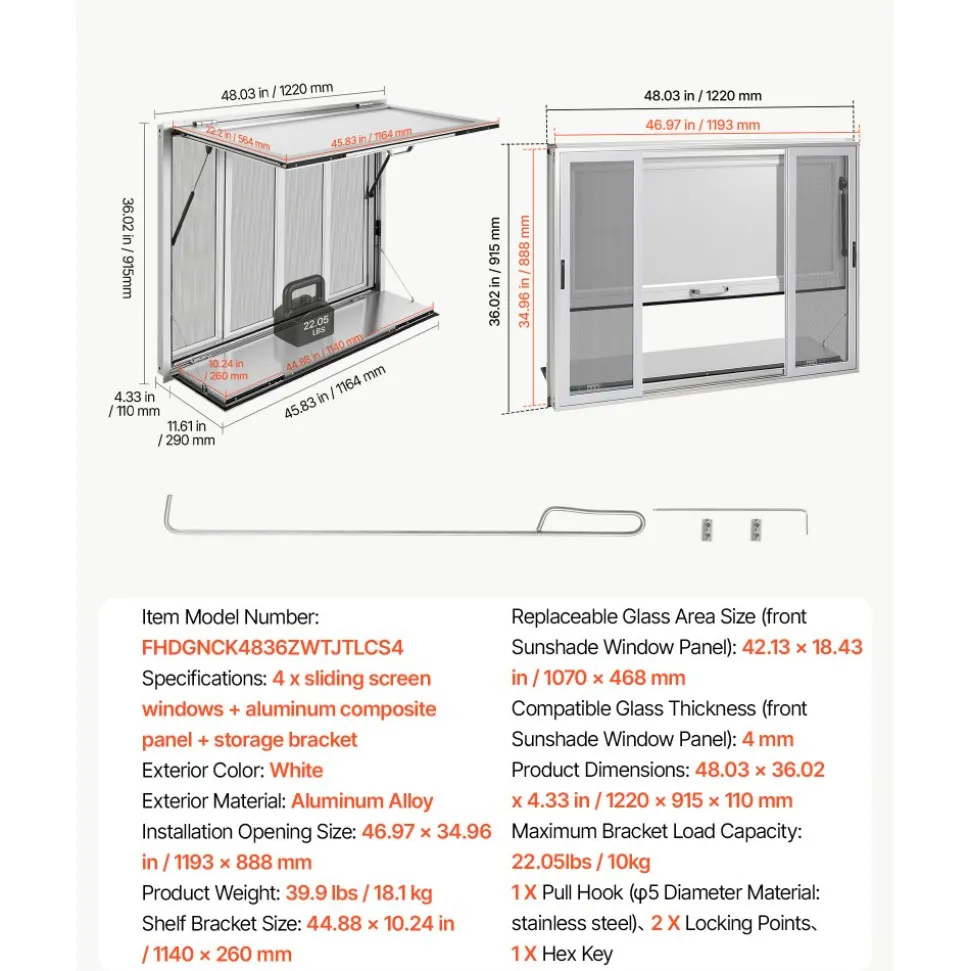 VEVOR Concession Window Folding Shelf 48x36in Aluminum Alloy Service Window, for Food Truck, Up to 85 Degrees, with 4 Sliding Screen Windows, Awning Door and Drag Hook, Rainwater Resistant