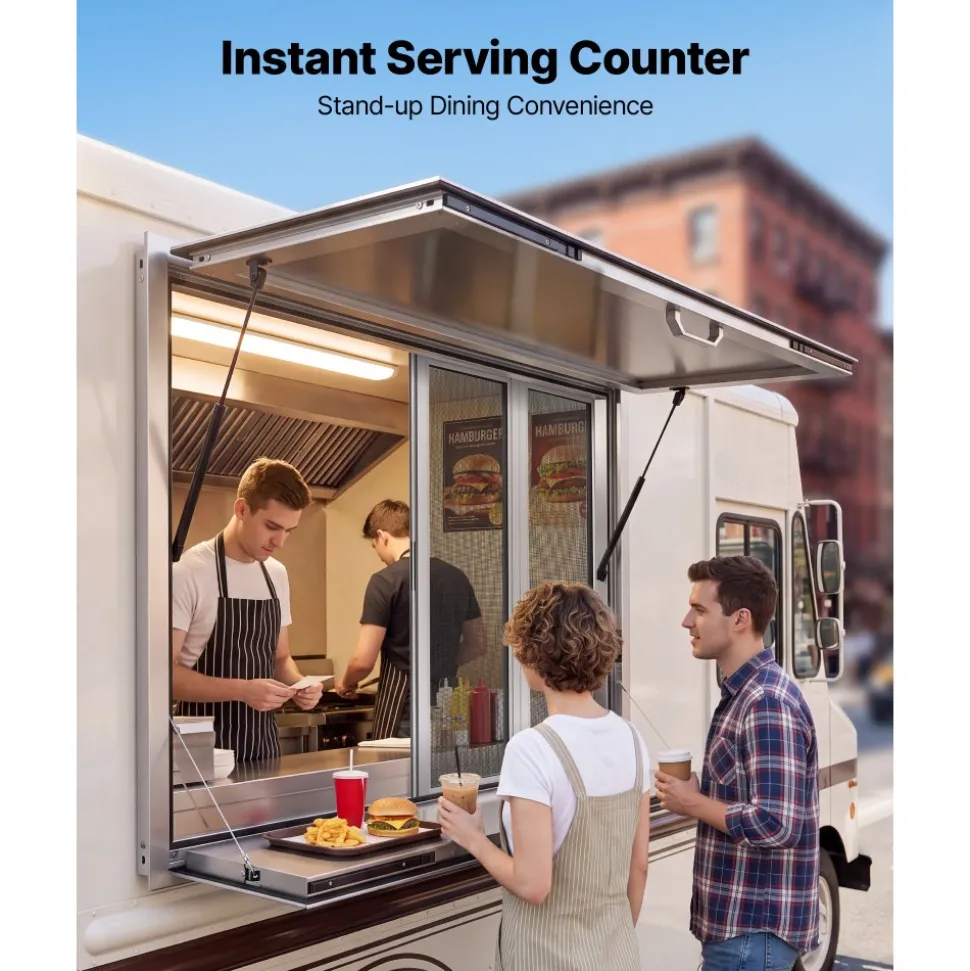 VEVOR Concession Window Folding Shelf 48x36in Aluminum Alloy Service Window, for Food Truck, Up to 85 Degrees, with 4 Sliding Screen Windows, Awning Door and Drag Hook, Rainwater Resistant