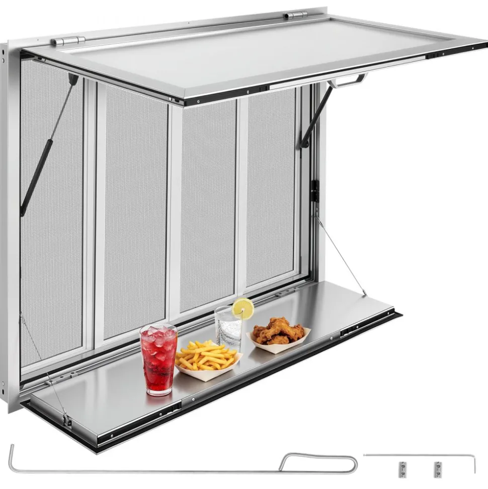 VEVOR Concession Window Folding Shelf 48x36in Aluminum Alloy Service Window, for Food Truck, Up to 85 Degrees, with 4 Sliding Screen Windows, Awning Door and Drag Hook, Rainwater Resistant