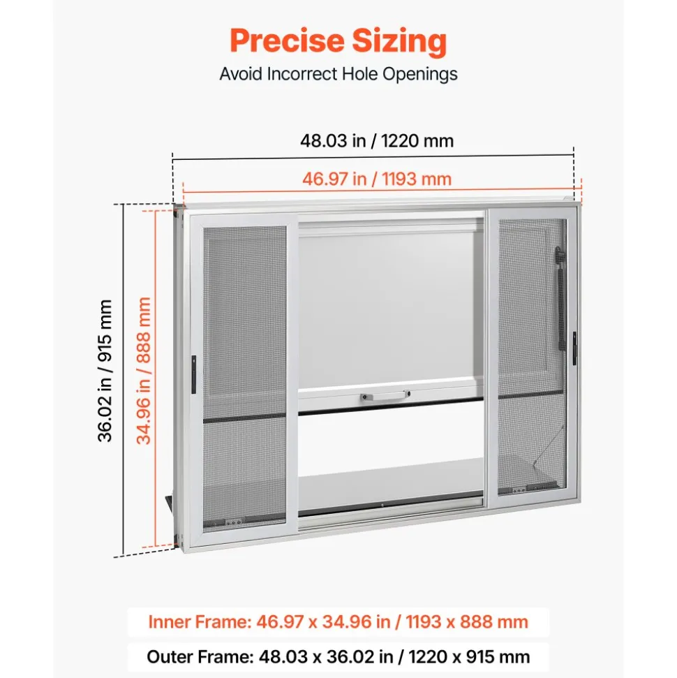 VEVOR Concession Window Folding Shelf 48x36in Aluminum Alloy Service Window, for Food Truck, Up to 85 Degrees, with 4 Sliding Screen Windows, Awning Door and Drag Hook, Rainwater Resistant