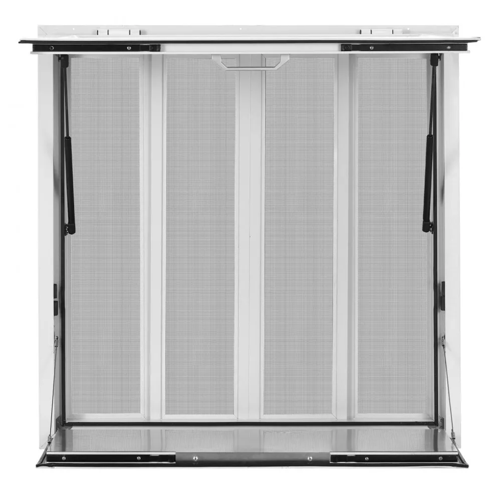 VEVOR Concession Window Folding Shelf 36x36in Aluminum Alloy Service Window, for Food Truck, Up to 85 Degrees, with 4 Sliding Screen Windows, Awning Door and Drag Hook, Rainwater Resistant