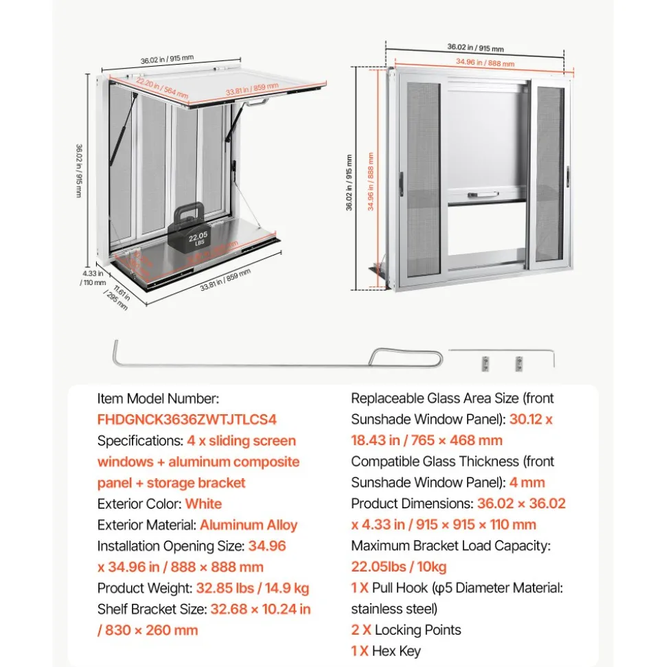 VEVOR Concession Window Folding Shelf 36x36in Aluminum Alloy Service Window, for Food Truck, Up to 85 Degrees, with 4 Sliding Screen Windows, Awning Door and Drag Hook, Rainwater Resistant
