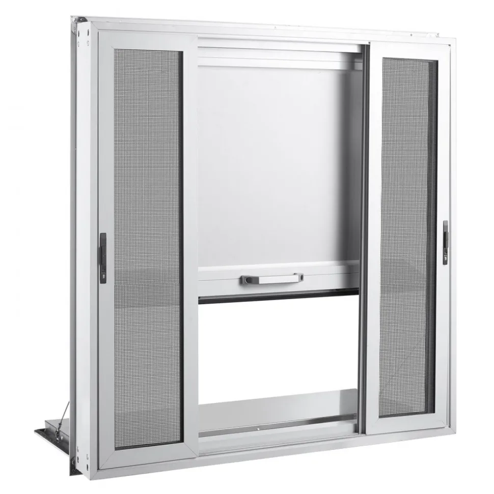 VEVOR Concession Window Folding Shelf 36x36in Aluminum Alloy Service Window, for Food Truck, Up to 85 Degrees, with 4 Sliding Screen Windows, Awning Door and Drag Hook, Rainwater Resistant