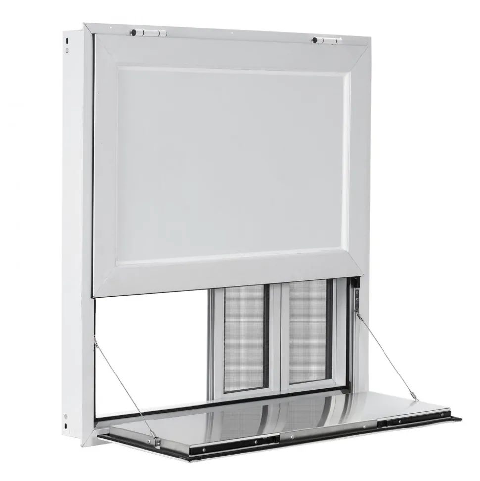 VEVOR Concession Window Folding Shelf 36x36in Aluminum Alloy Service Window, for Food Truck, Up to 85 Degrees, with 4 Sliding Screen Windows, Awning Door and Drag Hook, Rainwater Resistant