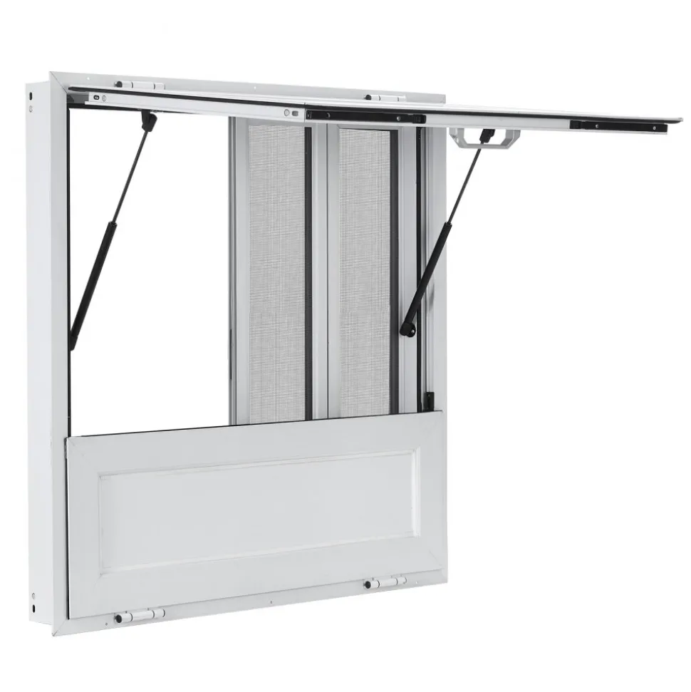 VEVOR Concession Window Folding Shelf 36x36in Aluminum Alloy Service Window, for Food Truck, Up to 85 Degrees, with 4 Sliding Screen Windows, Awning Door and Drag Hook, Rainwater Resistant