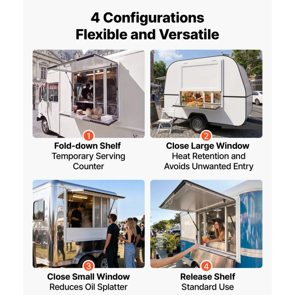 VEVOR Concession Window Folding Shelf 36x36in Aluminum Alloy Service Window, for Food Truck, Up to 85 Degrees, with 4 Sliding Screen Windows, Awning Door and Drag Hook, Rainwater Resistant
