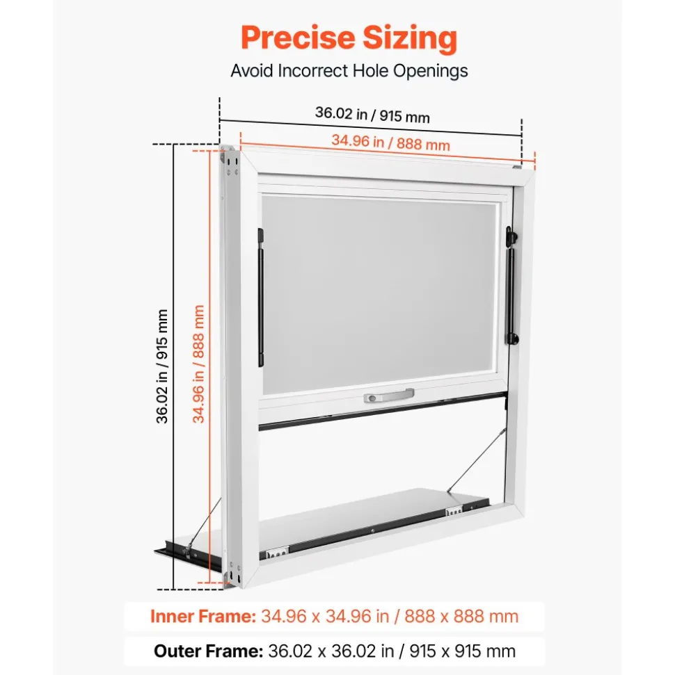 VEVOR Concession Window Folding Shelf 36x36in Aluminum Alloy Service Window, for Food Truck, Up to 85 Degrees, with Awning Door and Drag Hook, Rainwater Resistant