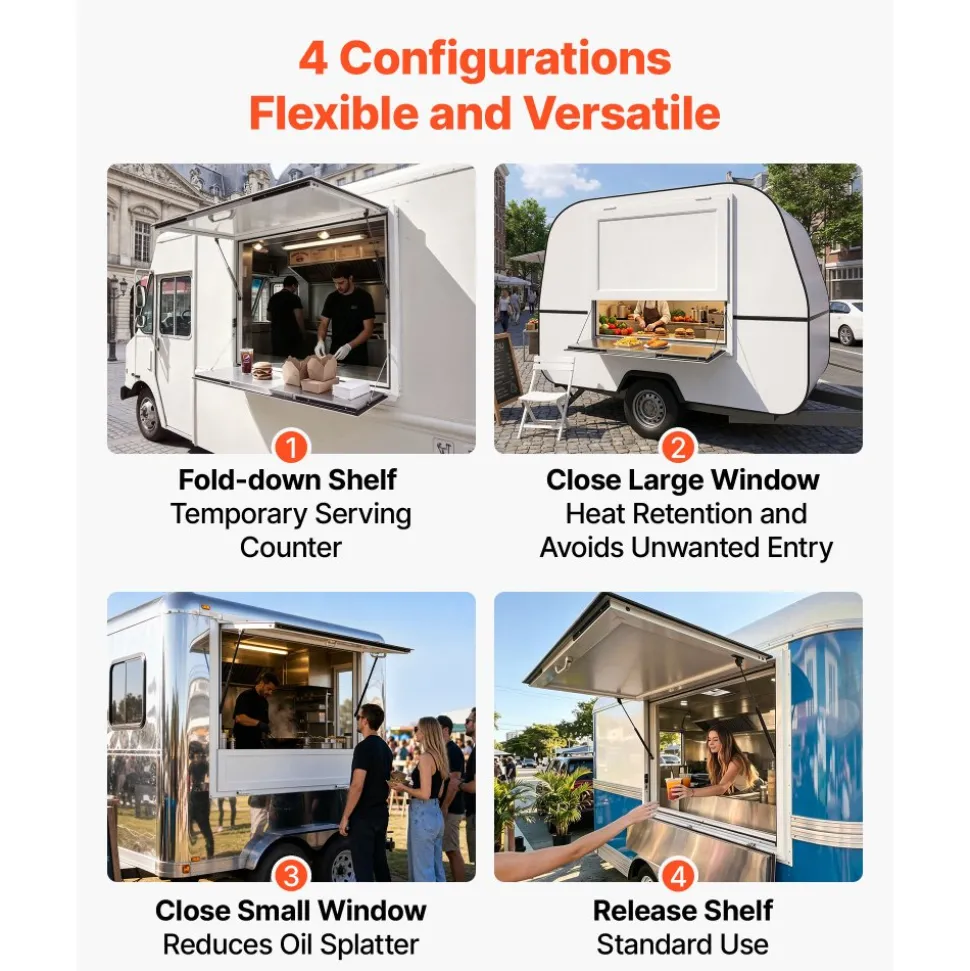 VEVOR Concession Window Folding Shelf 36x36in Aluminum Alloy Service Window, for Food Truck, Up to 85 Degrees, with Awning Door and Drag Hook, Rainwater Resistant