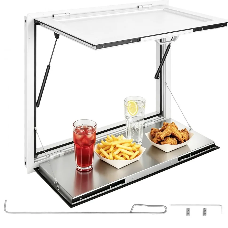 VEVOR Concession Window Folding Shelf 36x36in Aluminum Alloy Service Window, for Food Truck, Up to 85 Degrees, with Awning Door and Drag Hook, Rainwater Resistant