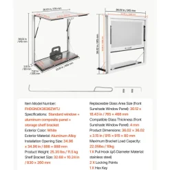 VEVOR Concession Window Folding Shelf 36x36in Aluminum Alloy Service Window, for Food Truck, Up to 85 Degrees, with Awning Door and Drag Hook, Rainwater Resistant
