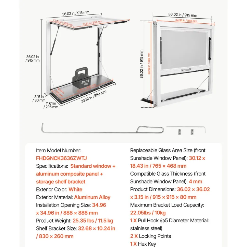 VEVOR Concession Window Folding Shelf 36x36in Aluminum Alloy Service Window, for Food Truck, Up to 85 Degrees, with Awning Door and Drag Hook, Rainwater Resistant