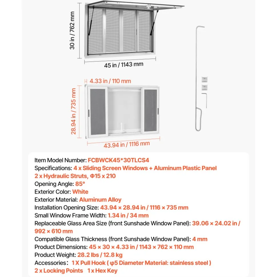 VEVOR Concession Window 45x30 in Aluminum Alloy Service Window, for Food Truck, Up to 85 Degrees Stand Serving with 4 Sliding Screen Windows, Awning Door and Drag Hook, Rainwater Resistant